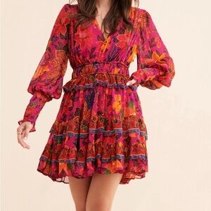 FARM Rio Tropical Tapestry Long-Sleeve Minidress